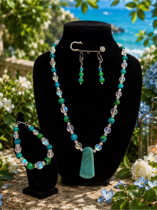 Artisan Crafted Jewelry - Chrysocolla Gemstone & Crystal Moonstone Beaded Jewelry Set